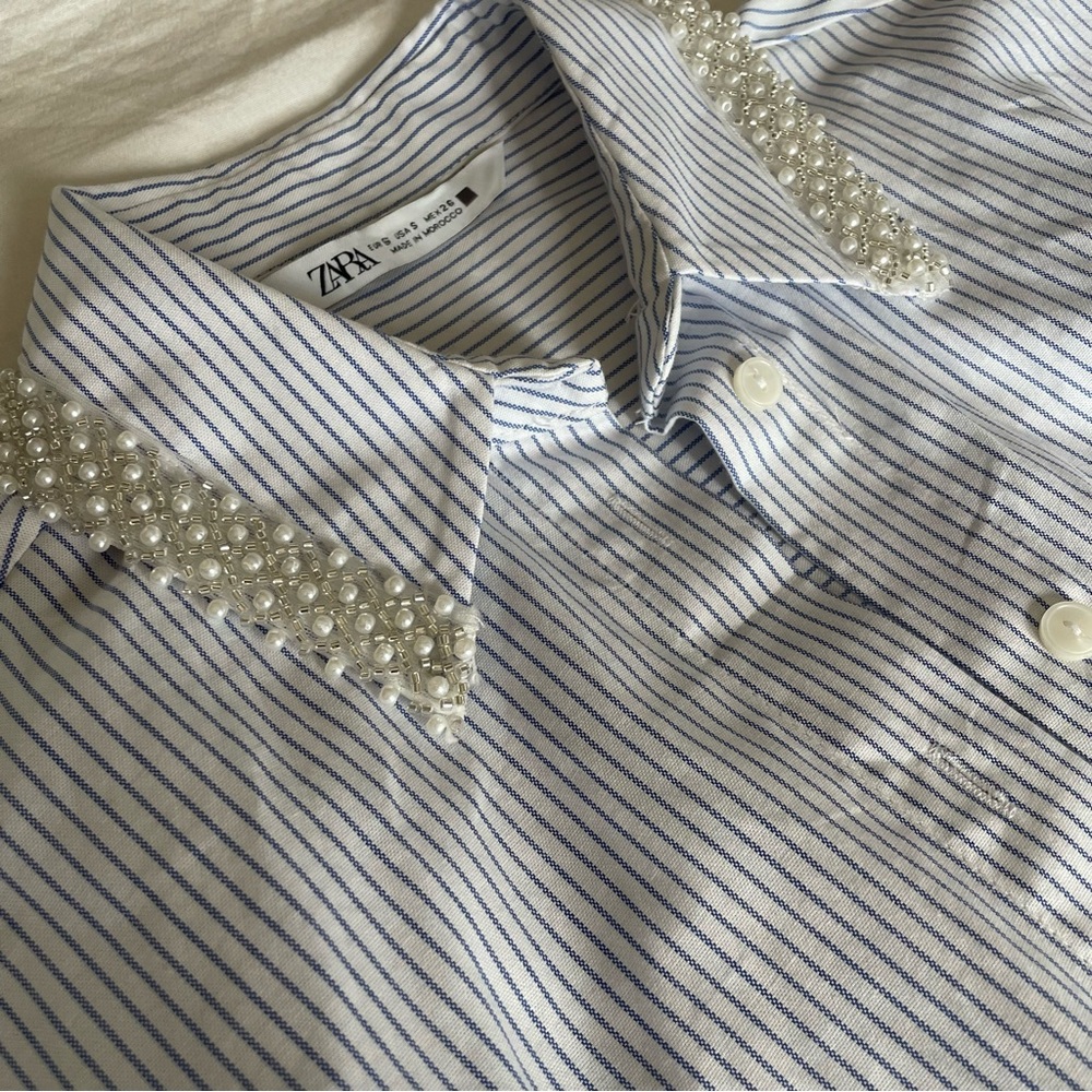 Zara Pinstripe Button Down Cotton Shirt with Pearl Color